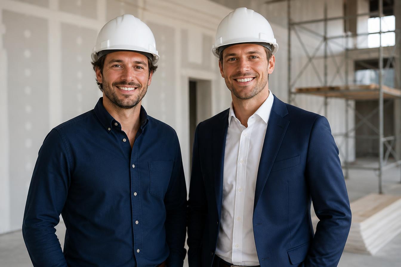 Drywall Express co-founders Kharim and Serge at a construction project